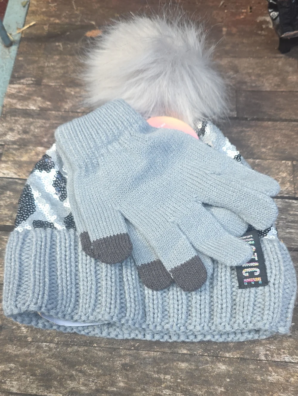 Justice Light Gray Knit Pom Beanie with Touchscreen Gloves